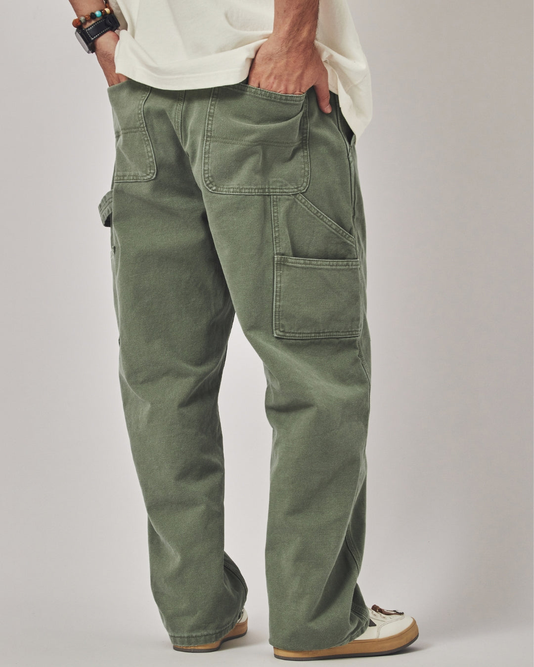 水洗軍綠多口袋工裝長褲