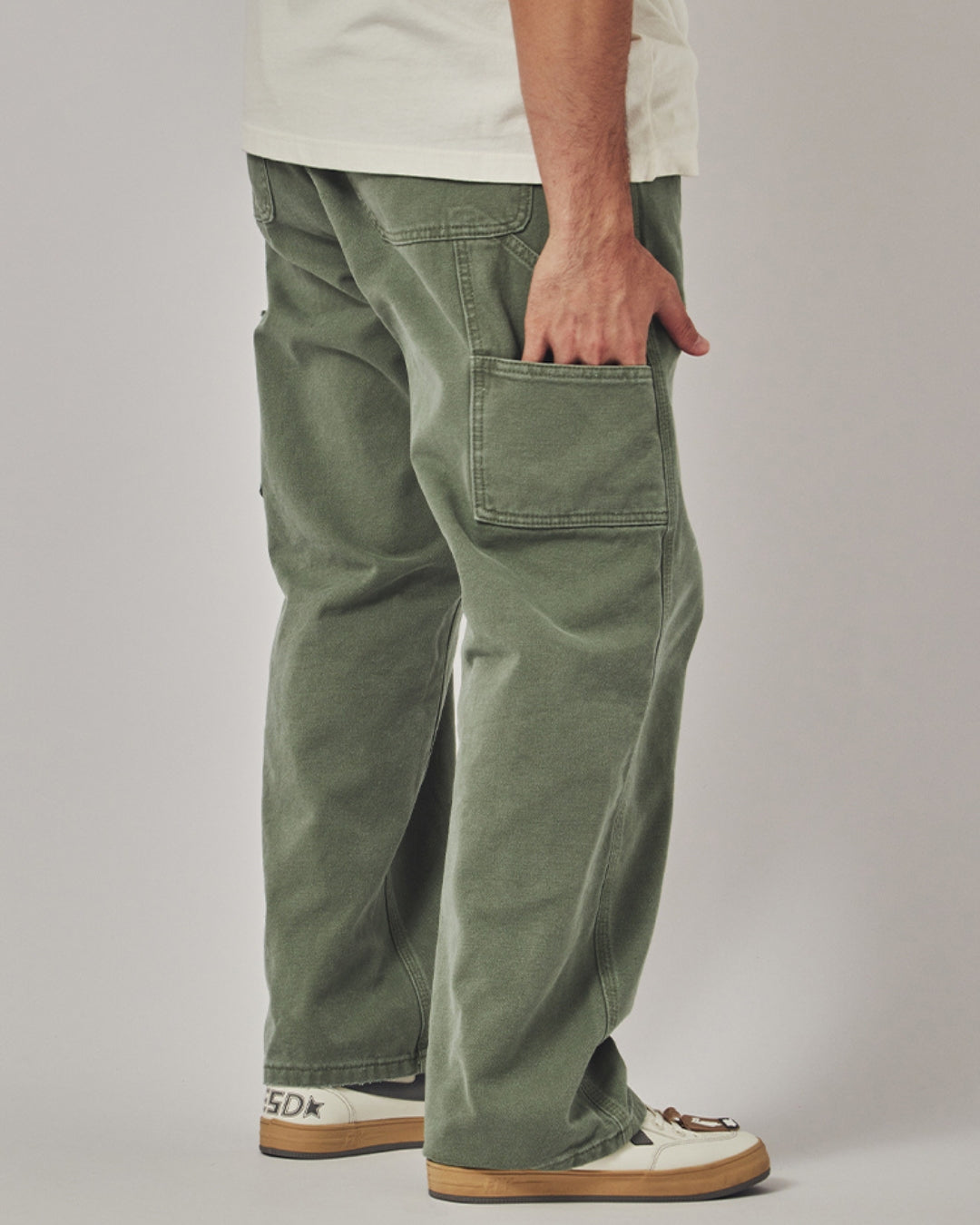 水洗軍綠多口袋工裝長褲